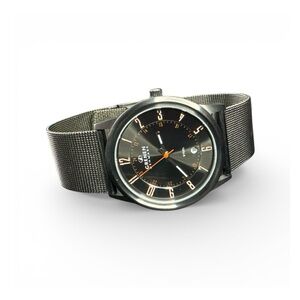 Skagen Mens Watch Black Dial Watch with Silver Mesh Band Grenen Denmark